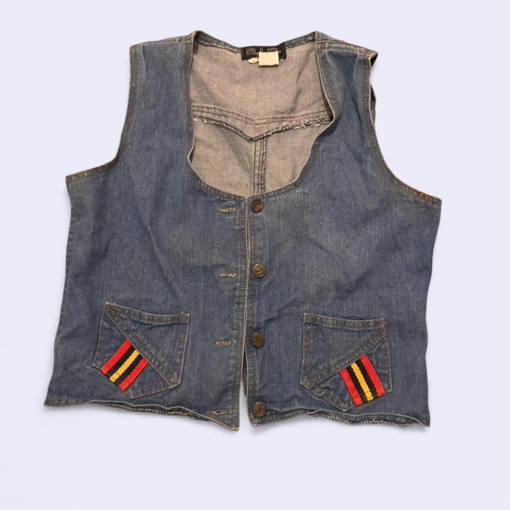 Vintage Blue denim vest with red and‎ yellow striped patches